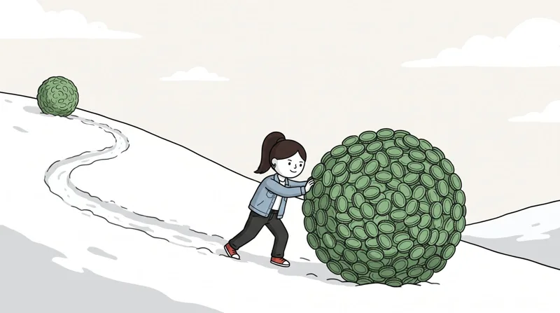 Ilustración del capítulo 2: María empuja una bola de billetes que crece cuesta arriba