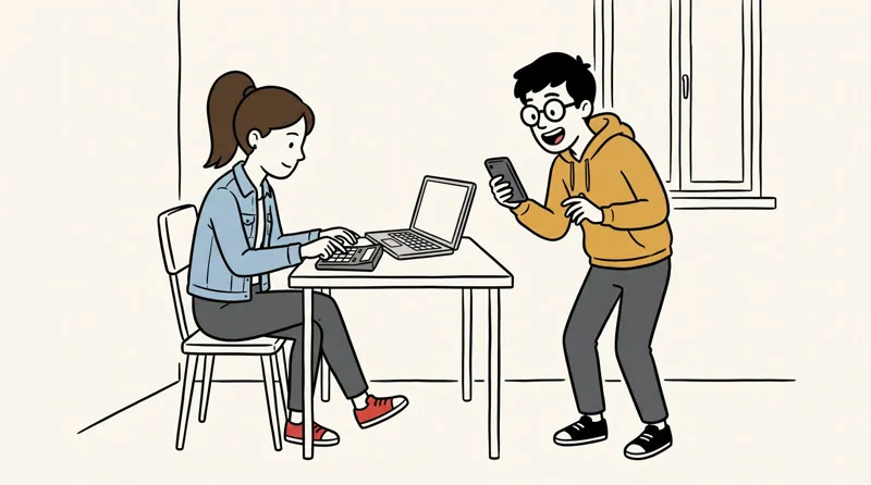 Ilustración del capítulo 1: María hace cuentas mientras Dani le enseña pisos en el móvil