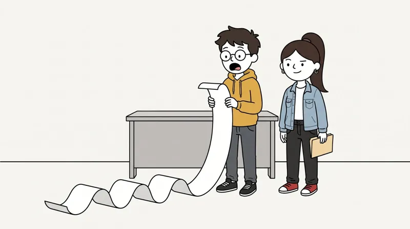 Ilustración del capítulo 3: Dani con un recibo larguísimo de gastos